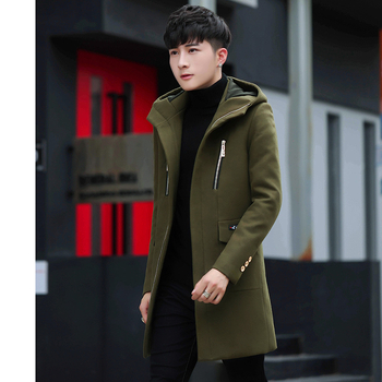 Ziemas vidēja garuma vīriešu trench palto, korejiešu stilā, slim fit, kapuce, rāvējslēdzējs priekšā, augsta apkakle, daudz kabatu