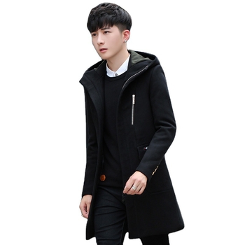 Ziemas vidēja garuma vīriešu trench palto, korejiešu stilā, slim fit, kapuce, rāvējslēdzējs priekšā, augsta apkakle, daudz kabatu