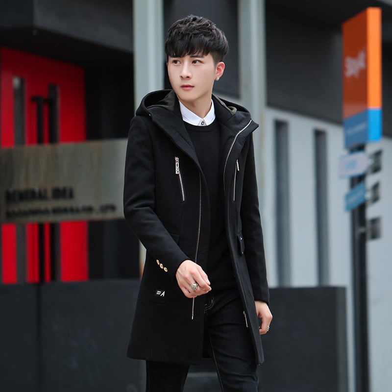 Ziemas vidēja garuma vīriešu trench palto, korejiešu stilā, slim fit, kapuce, rāvējslēdzējs priekšā, augsta apkakle, daudz kabatu