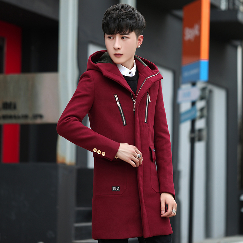 Ziemas vidēja garuma vīriešu trench palto, korejiešu stilā, slim fit, kapuce, rāvējslēdzējs priekšā, augsta apkakle, daudz kabatu