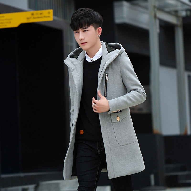 Ziemas vidēja garuma vīriešu trench palto, korejiešu stilā, slim fit, kapuce, rāvējslēdzējs priekšā, augsta apkakle, daudz kabatu