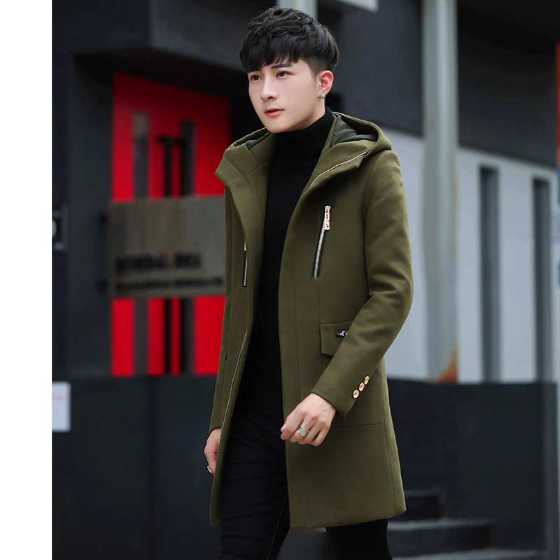 Ziemas vidēja garuma vīriešu trench palto, korejiešu stilā, slim fit, kapuce, rāvējslēdzējs priekšā, augsta apkakle, daudz kabatu
