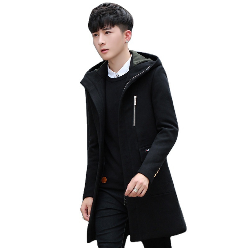 Ziemas vidēja garuma vīriešu trench palto, korejiešu stilā, slim fit, kapuce, rāvējslēdzējs priekšā, augsta apkakle, daudz kabatu