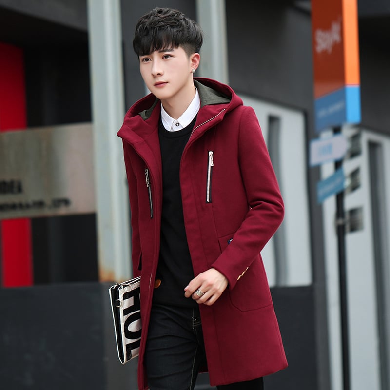 Ziemas vidēja garuma vīriešu trench palto, korejiešu stilā, slim fit, kapuce, rāvējslēdzējs priekšā, augsta apkakle, daudz kabatu
