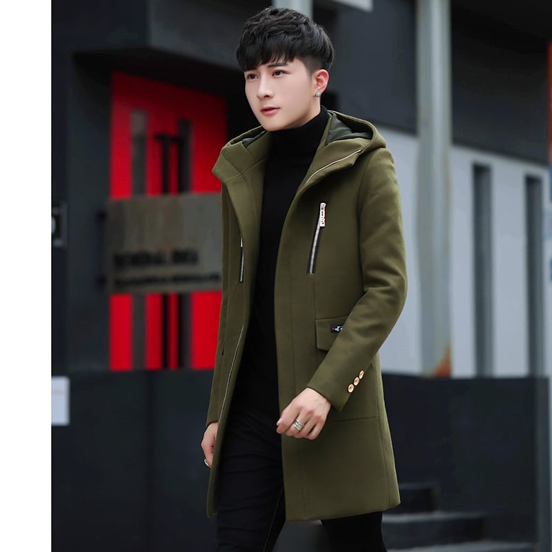 Ziemas vidēja garuma vīriešu trench palto, korejiešu stilā, slim fit, kapuce, rāvējslēdzējs priekšā, augsta apkakle, daudz kabatu