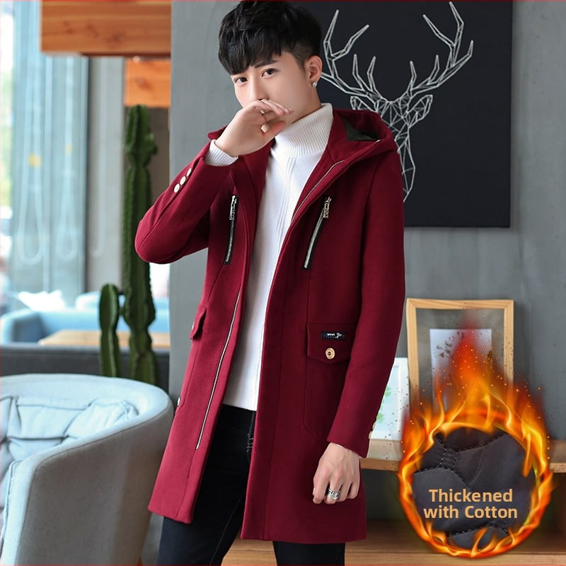 Ziemas vidēja garuma vīriešu trench palto, korejiešu stilā, slim fit, kapuce, rāvējslēdzējs priekšā, augsta apkakle, daudz kabatu