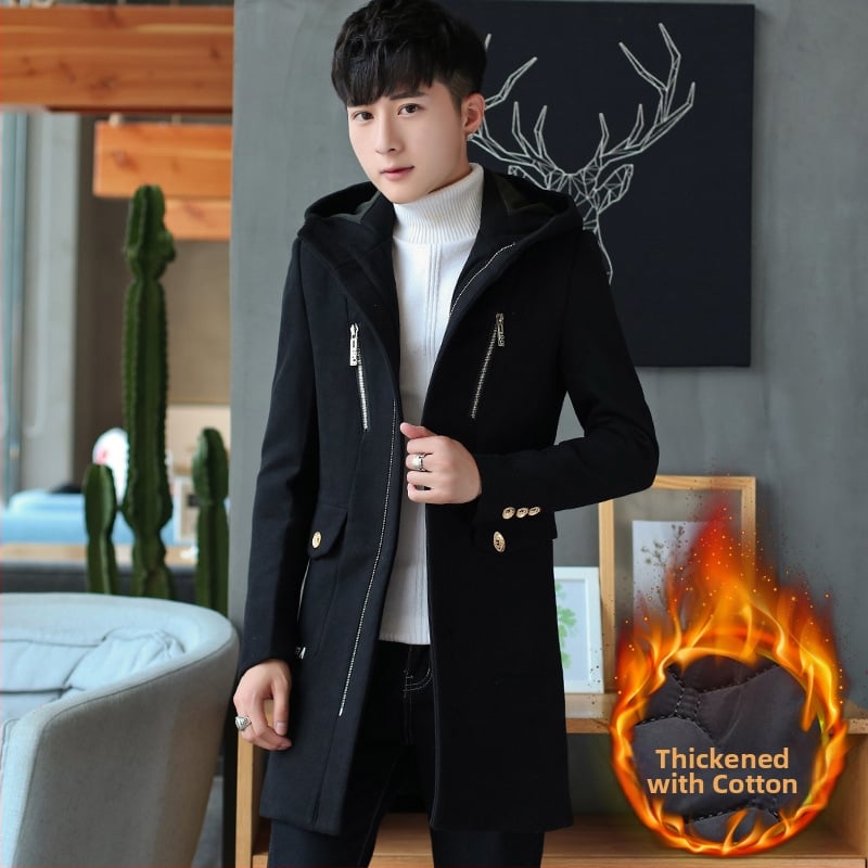 Ziemas vidēja garuma vīriešu trench palto, korejiešu stilā, slim fit, kapuce, rāvējslēdzējs priekšā, augsta apkakle, daudz kabatu