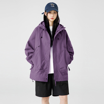 Дамско яке с качулка от полиестер, тънко, средна дължина, цип, градски стил