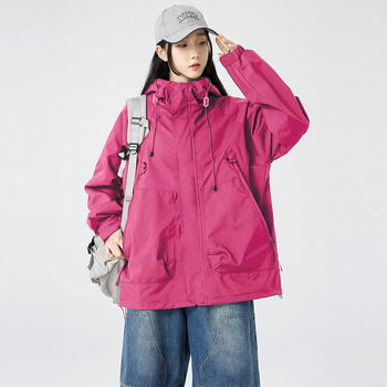 Дамско яке с качулка от полиестер, тънко, средна дължина, цип, градски стил