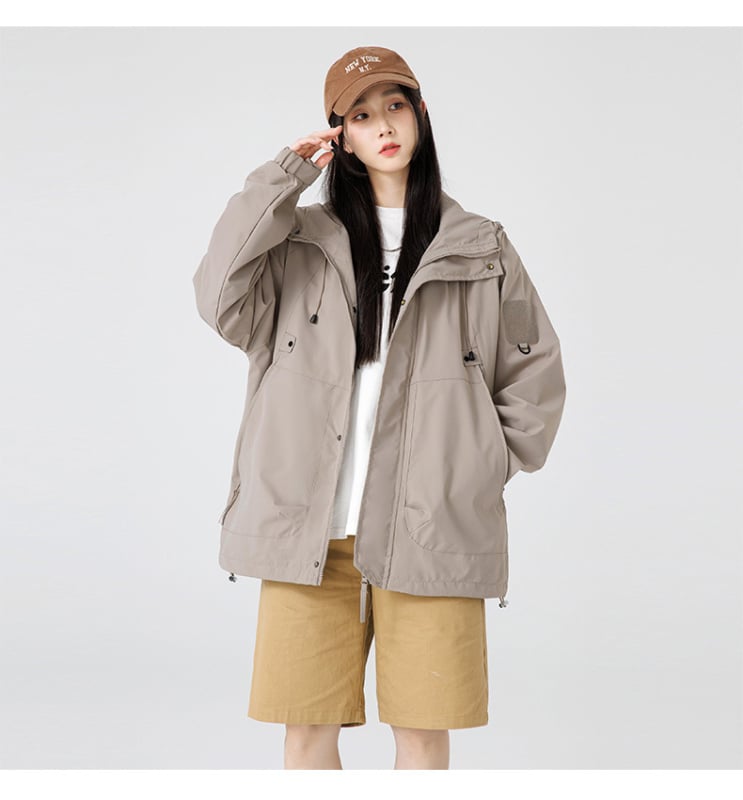 Дамско яке с качулка от полиестер, тънко, средна дължина, цип, градски стил