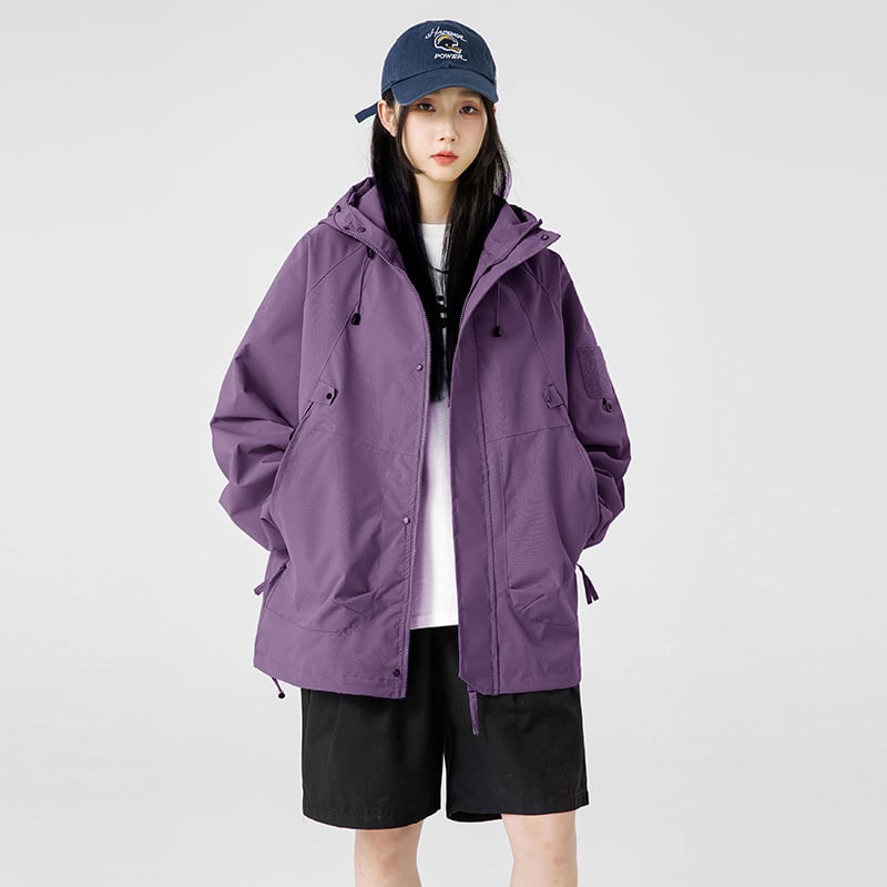 Дамско яке с качулка от полиестер, тънко, средна дължина, цип, градски стил