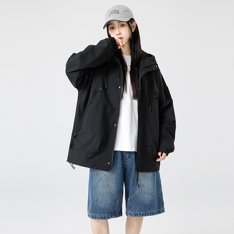 Дамско яке с качулка от полиестер, тънко, средна дължина, цип, градски стил