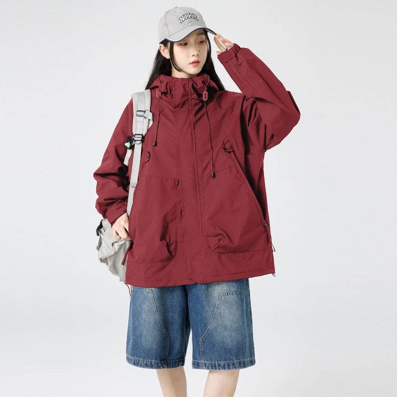 Дамско яке с качулка от полиестер, тънко, средна дължина, цип, градски стил