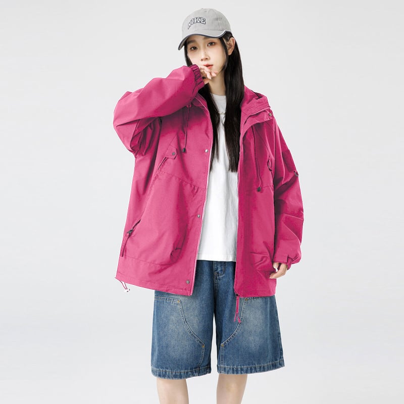 Дамско яке с качулка от полиестер, тънко, средна дължина, цип, градски стил