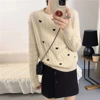 Pulover tricotat cu glugă, decor inimă și fundă, model 3D, mâneci lungi, croială lejeră