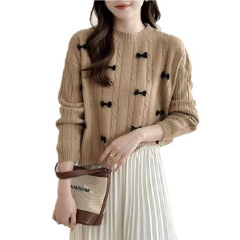 Pulover tricotat cu glugă, decor inimă și fundă, model 3D, mâneci lungi, croială lejeră