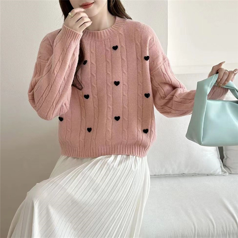 Pulover tricotat cu glugă, decor inimă și fundă, model 3D, mâneci lungi, croială lejeră