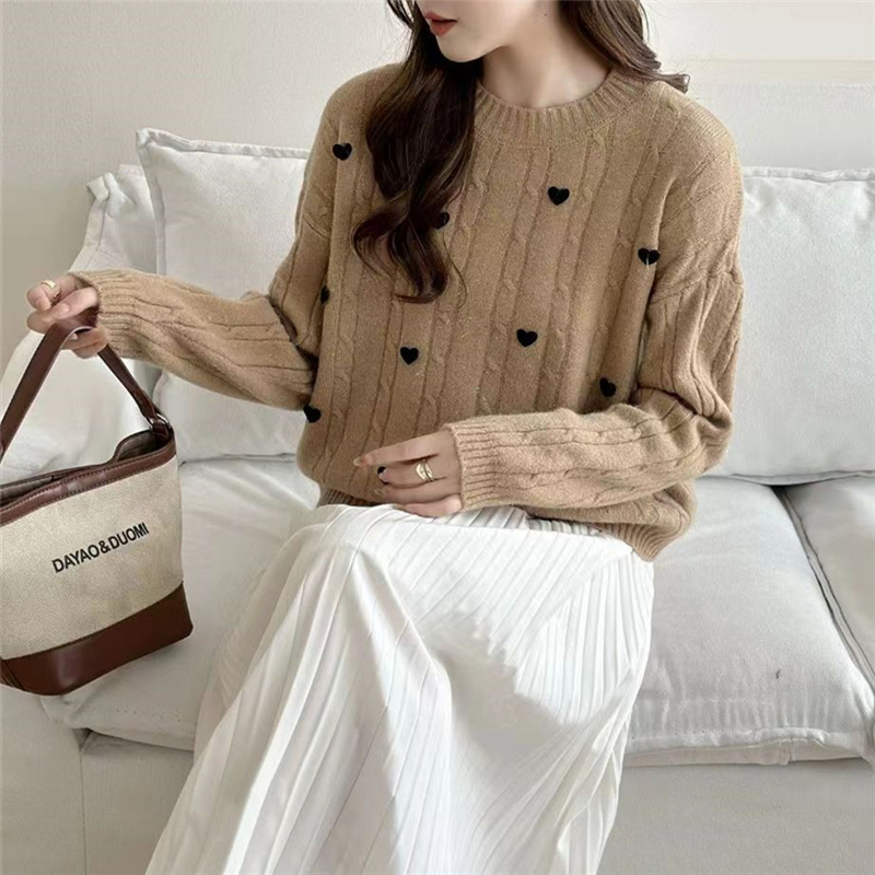 Pulover tricotat cu glugă, decor inimă și fundă, model 3D, mâneci lungi, croială lejeră