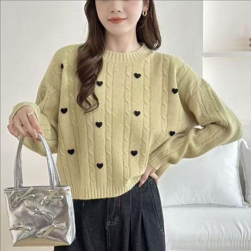 Pulover tricotat cu glugă, decor inimă și fundă, model 3D, mâneci lungi, croială lejeră