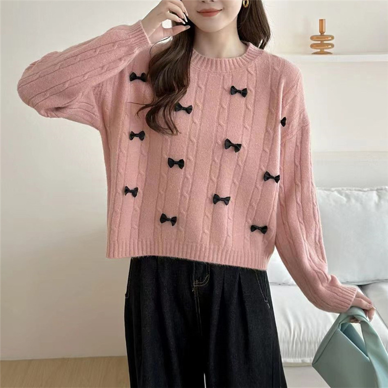 Pulover tricotat cu glugă, decor inimă și fundă, model 3D, mâneci lungi, croială lejeră