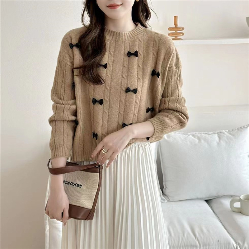 Pulover tricotat cu glugă, decor inimă și fundă, model 3D, mâneci lungi, croială lejeră