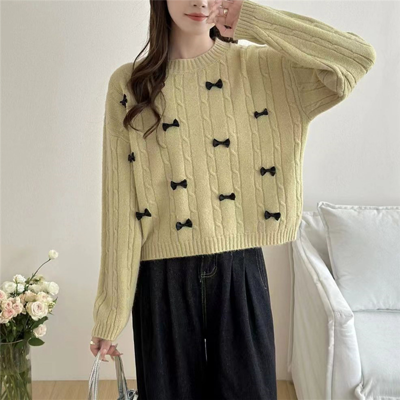 Pulover tricotat cu glugă, decor inimă și fundă, model 3D, mâneci lungi, croială lejeră