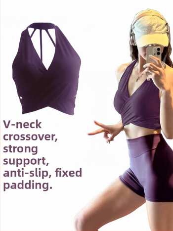 Top yoga damă cu decolteu adânc în V și sutien încorporat, respirabil, uscare rapidă, Nylon Spandex (80/20), croială scurtă, potrivire slim