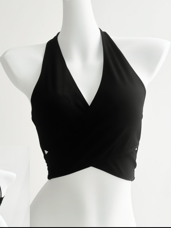 Top yoga damă cu decolteu adânc în V și sutien încorporat, respirabil, uscare rapidă, Nylon Spandex (80/20), croială scurtă, potrivire slim