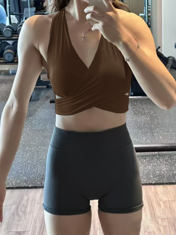 Top yoga damă cu decolteu adânc în V și sutien încorporat, respirabil, uscare rapidă, Nylon Spandex (80/20), croială scurtă, potrivire slim