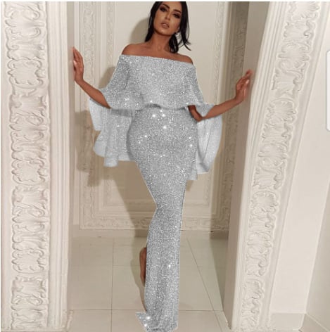 Egyvállas estélyi ruha flitterekkel, mellkas-kötéssel, hosszú ceruzaszabású, magas derék