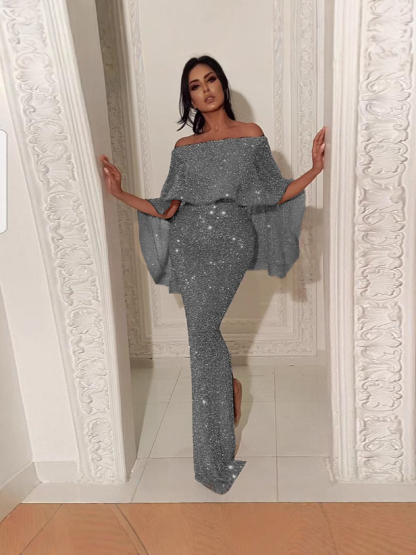 Egyvállas estélyi ruha flitterekkel, mellkas-kötéssel, hosszú ceruzaszabású, magas derék