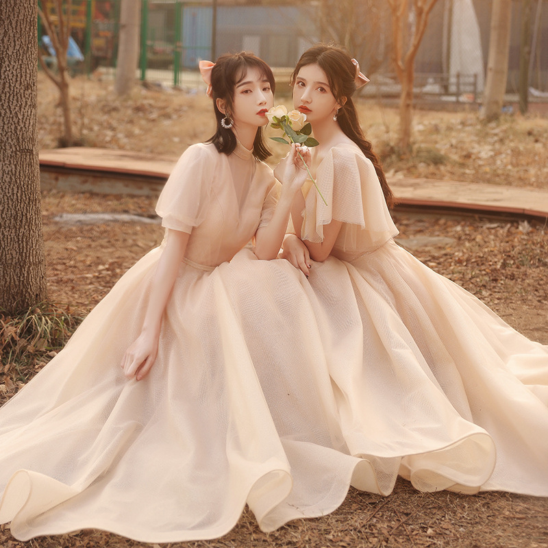 Elegantiška jaunosios palydėtojos suknelė, vasaros 2025 modelis, ilga suknelė, vidutinis liemuo, Feifei rankovės