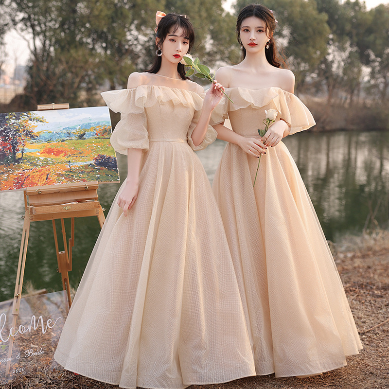 Elegantiška jaunosios palydėtojos suknelė, vasaros 2025 modelis, ilga suknelė, vidutinis liemuo, Feifei rankovės
