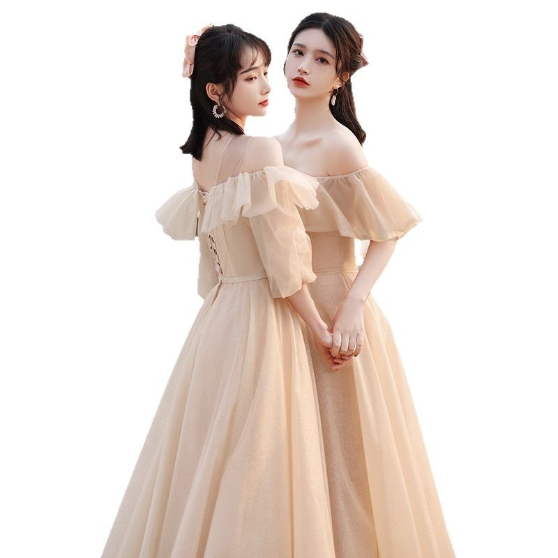 Elegantiška jaunosios palydėtojos suknelė, vasaros 2025 modelis, ilga suknelė, vidutinis liemuo, Feifei rankovės