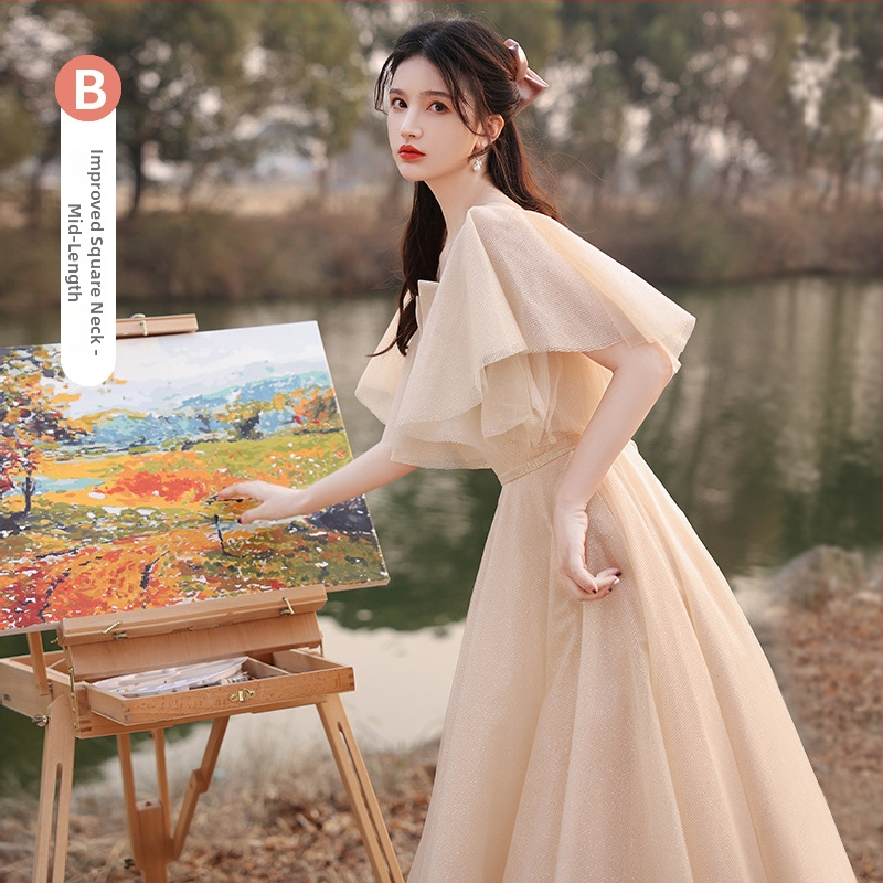 Elegantiška jaunosios palydėtojos suknelė, vasaros 2025 modelis, ilga suknelė, vidutinis liemuo, Feifei rankovės