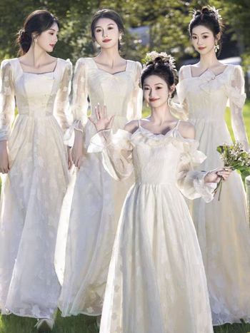 Nuotakos draugės suknelė — elegantiškas stilius, ilgos rankovės, kvadratinis iškirpimas, A linijos siluetas, poliesteris su elastanu, 2025