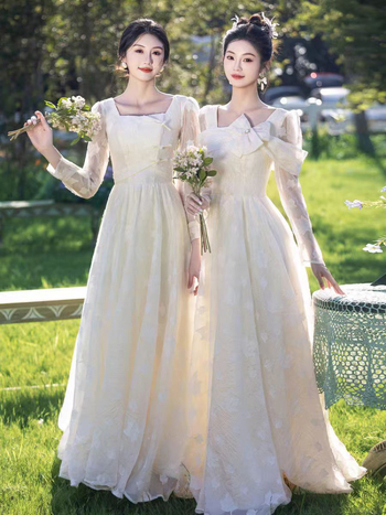 Nuotakos draugės suknelė — elegantiškas stilius, ilgos rankovės, kvadratinis iškirpimas, A linijos siluetas, poliesteris su elastanu, 2025