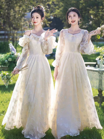 Nuotakos draugės suknelė — elegantiškas stilius, ilgos rankovės, kvadratinis iškirpimas, A linijos siluetas, poliesteris su elastanu, 2025