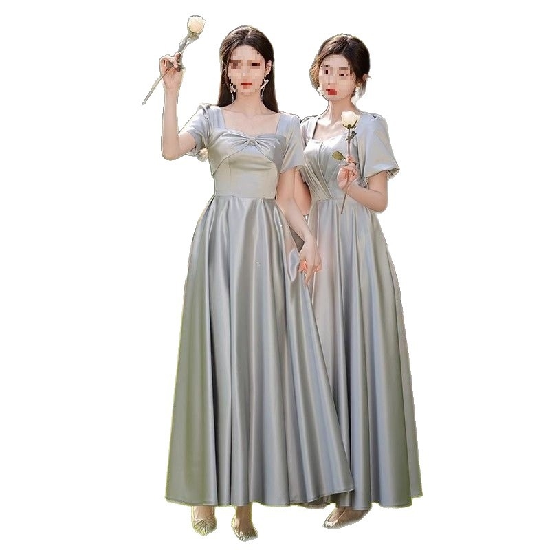 Koszorúslány ruha, szatén, puffos szoknya, U-nyakú, ultra alacsony derék, hosszú ruha