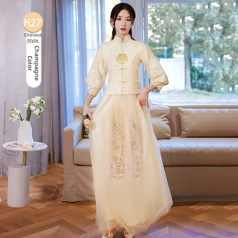 Kinų stiliaus pamergių suknelė, ilgos rankovės, ilga iki grindų suknelė, liemuo vidutinio pločio, stačios apykaklės