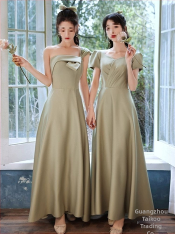 Satiinist pruutneitside kleit, A-liiniline siluett, sügav V-kaelus, varrukateta, pikk kleit