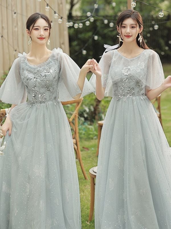 Pruutneitside kleit - A-liiniline siluett, sügav V-kaelus, ilma varrukateta, pikk seelik, Chenille kangas Spandeksiga