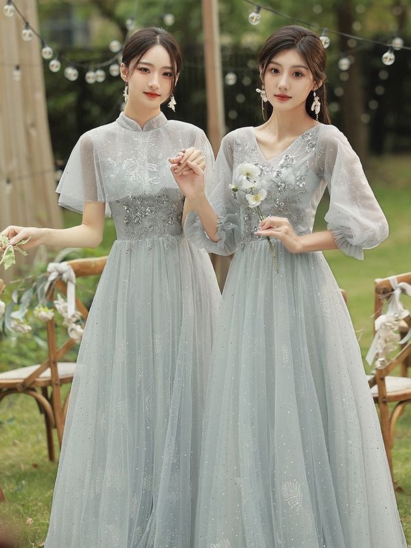 Pruutneitside kleit - A-liiniline siluett, sügav V-kaelus, ilma varrukateta, pikk seelik, Chenille kangas Spandeksiga