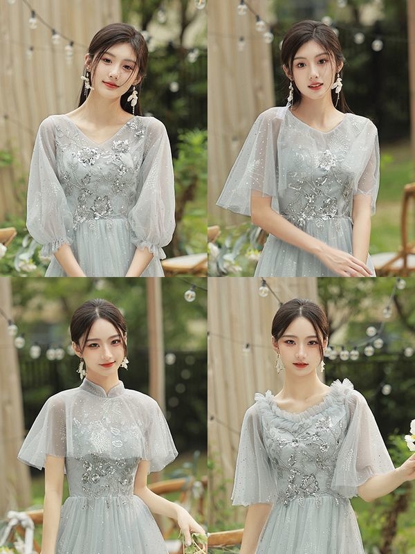 Pruutneitside kleit - A-liiniline siluett, sügav V-kaelus, ilma varrukateta, pikk seelik, Chenille kangas Spandeksiga