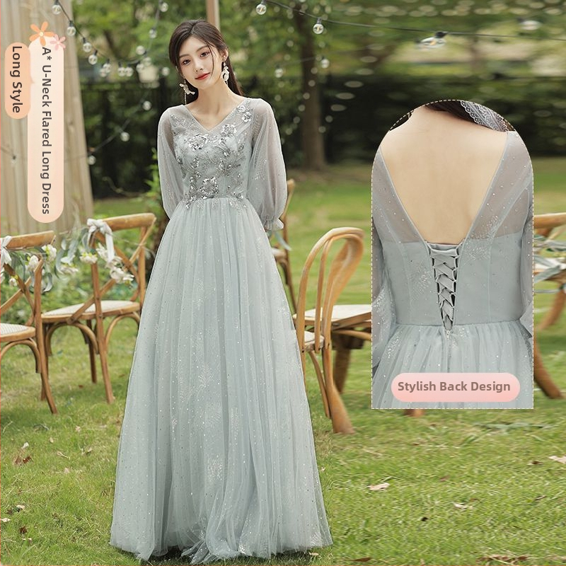 Pruutneitside kleit - A-liiniline siluett, sügav V-kaelus, ilma varrukateta, pikk seelik, Chenille kangas Spandeksiga