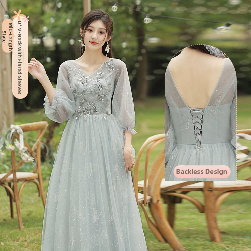 Pruutneitside kleit - A-liiniline siluett, sügav V-kaelus, ilma varrukateta, pikk seelik, Chenille kangas Spandeksiga