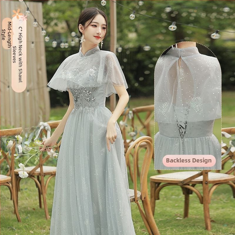 Pruutneitside kleit - A-liiniline siluett, sügav V-kaelus, ilma varrukateta, pikk seelik, Chenille kangas Spandeksiga