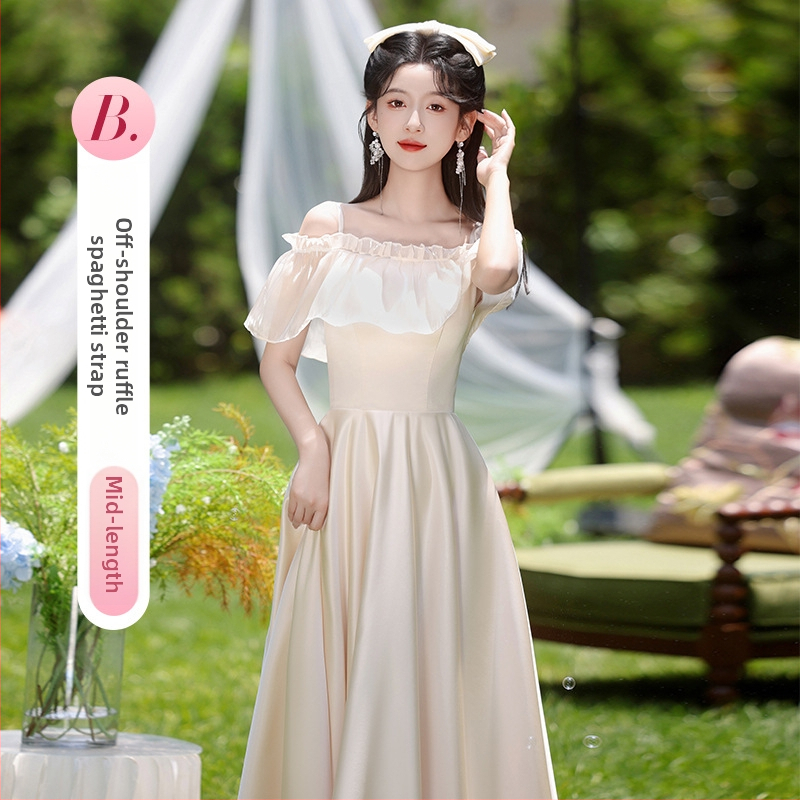 Prantsuse stiilis pruutneitside kleit, A-liin, ühe õla, mini pikkus, polüester, 2024. aasta sügis