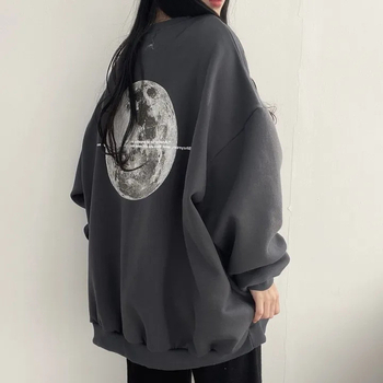 Pulover din bumbac cu imprimare text, croială lejeră, lungime medie, guler rotund, lansare vară 2024