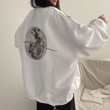 Pulover din bumbac cu imprimare text, croială lejeră, lungime medie, guler rotund, lansare vară 2024